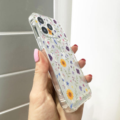 Wild Flower Floral Card Holder Phone Case for iPhone 17 16 15 14 13 12 11 11 Pro Max Mini 7 8 XR XS X Wallet Shockproof Phone Cover Name