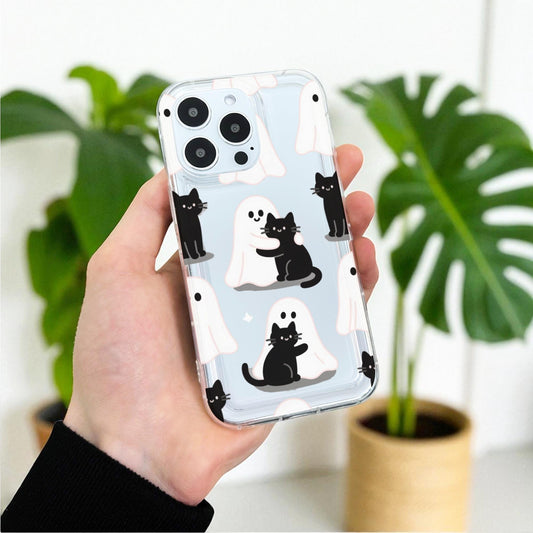 Halloween Ghost Cute Cat Clear Phone Case for iPhone 17 16 15 14 13 12 11 11 Pro Max Mini 7 8 XR X Shockproof Slim Phone Cover Custom Name