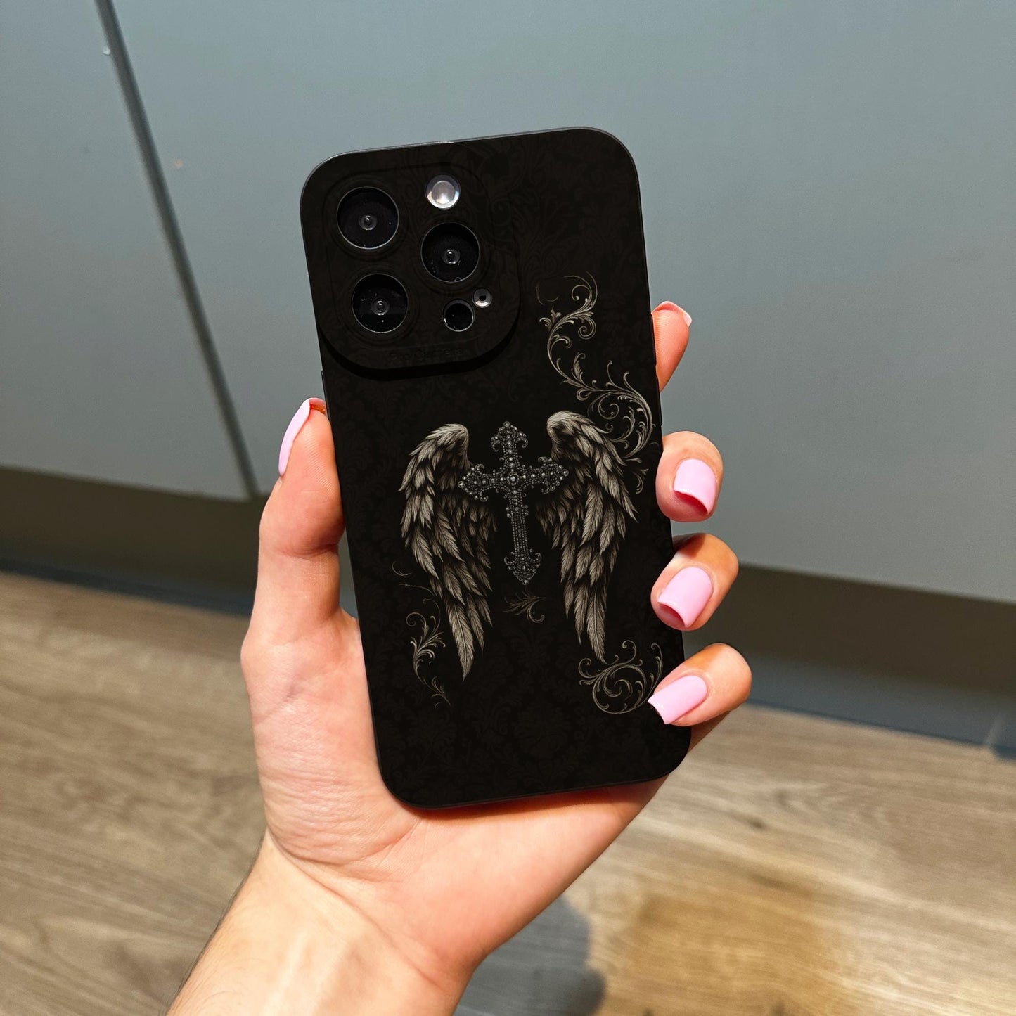 Dark Gothic Angel Wings Ornate Black Phone Case for iPhone 17 16 15 14 13 12 11 11 Pro Max Mini 7 8 XR X Shockproof Phone Cover Custom Name