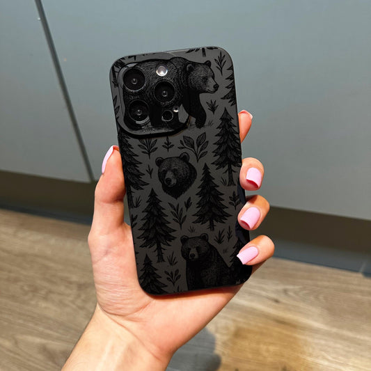 Bear Tree Nature Black Phone Case for iPhone 17 16 15 14 13 12 11 11 Pro Max Mini 7 8 XR XS X Shockproof Phone Cover Custom Name