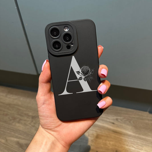 Personalised Letter Initials Black Phone Case with Floral Print for iPhone 17 16 15 14 13 12 11 Pro Max Mini 7 8 XR X Shockproof Phone Cover