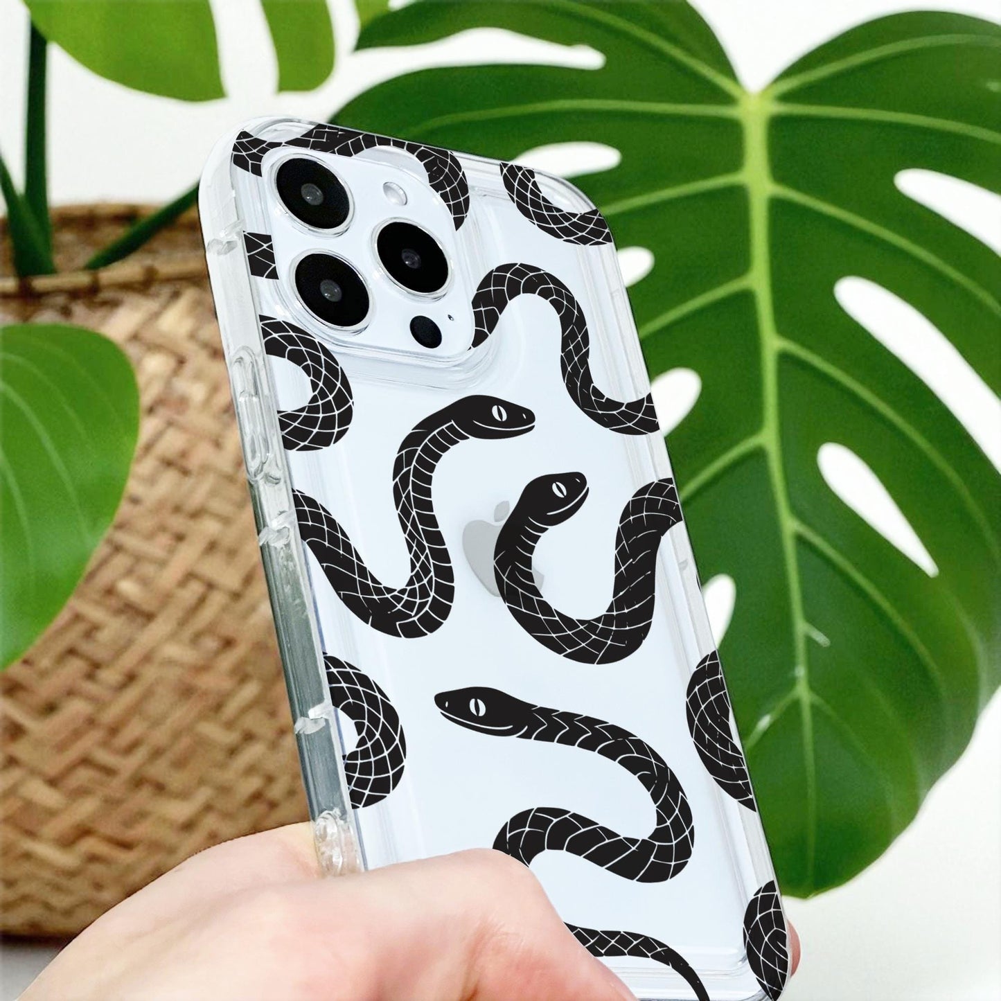 Black Snakes Tattoo Style Clear Phone Case for iPhone 17 16 15 14 13 12 11 11 Pro Max Mini 7 8 XR X Shockproof Slim Phone Cover Custom Name