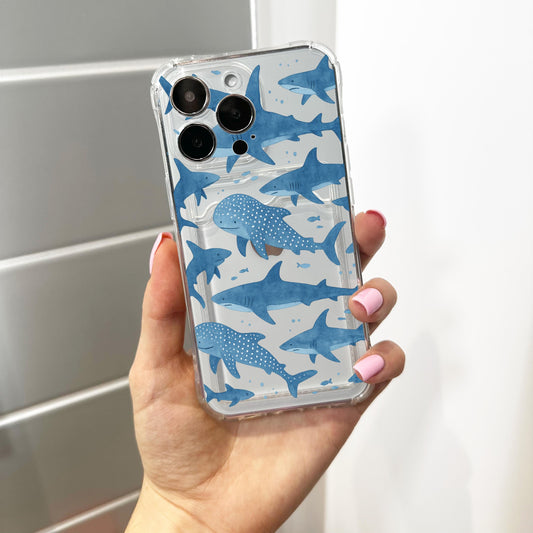 Blue Whale Shark Card Holder Phone Case for iPhone 17 16 15 14 13 12 11 11 Pro Max Mini 7 8 XR X Wallet Shockproof Phone Cover Custom Name