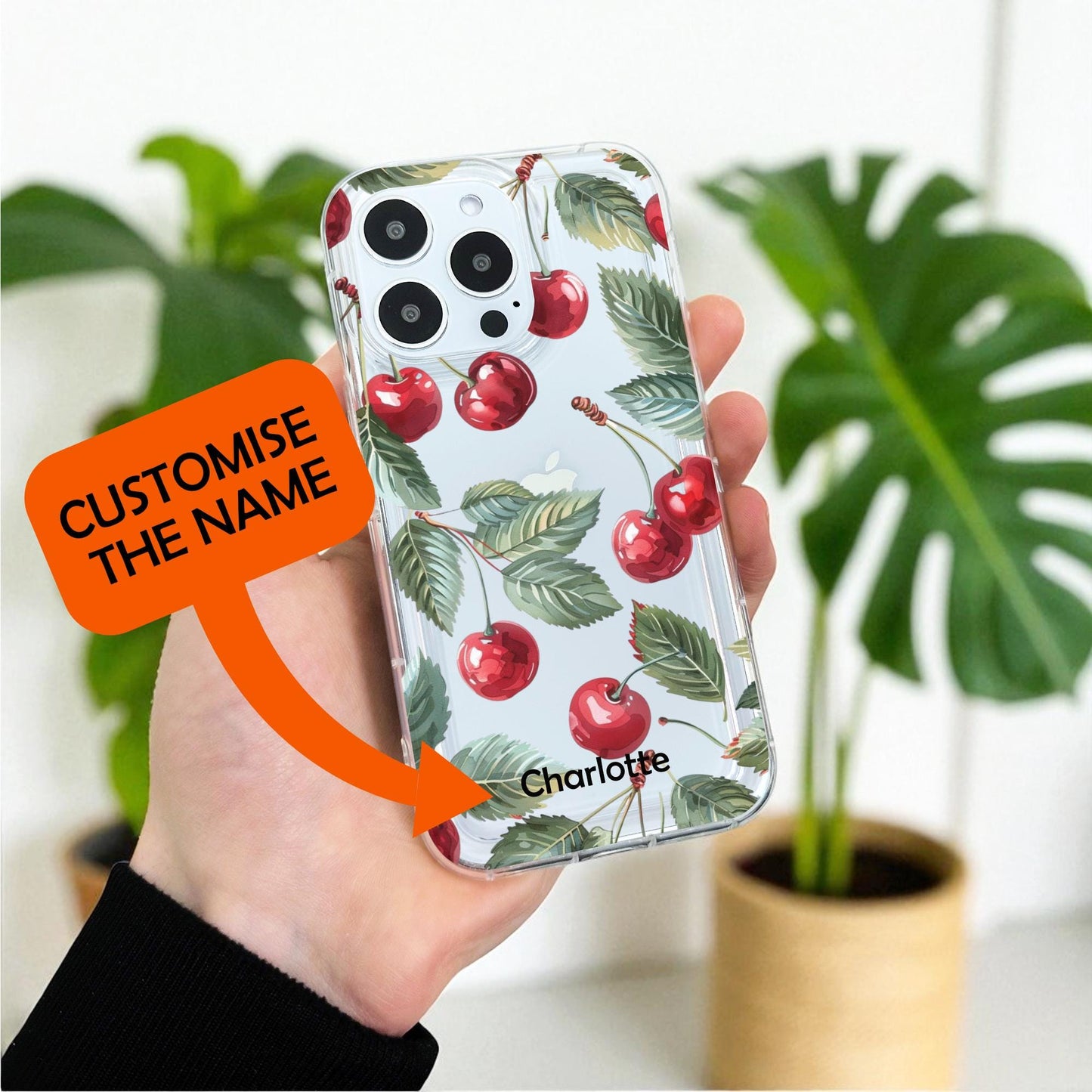 Cherry Pattern Clear Phone Case for iPhone 17 16 15 14 13 12 11 11 Pro Max Mini 7 8 XR X Shockproof Silicone Phone Cover Custom Name