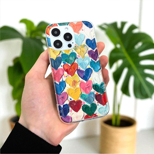Multicolored Hearts Clear Phone Case for iPhone 17 16 15 14 13 12 11 11 Pro Max Mini 7 8 XR XS X Shockproof Slim Phone Cover Customised Name