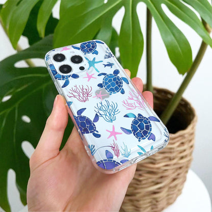 Summer Ocean Turtle Pattern Clear Phone Case for iPhone 17 16 15 14 13 12 11 11 Pro Max Mini 7 8 XR XS X Shockproof Phone Cover Custom Name