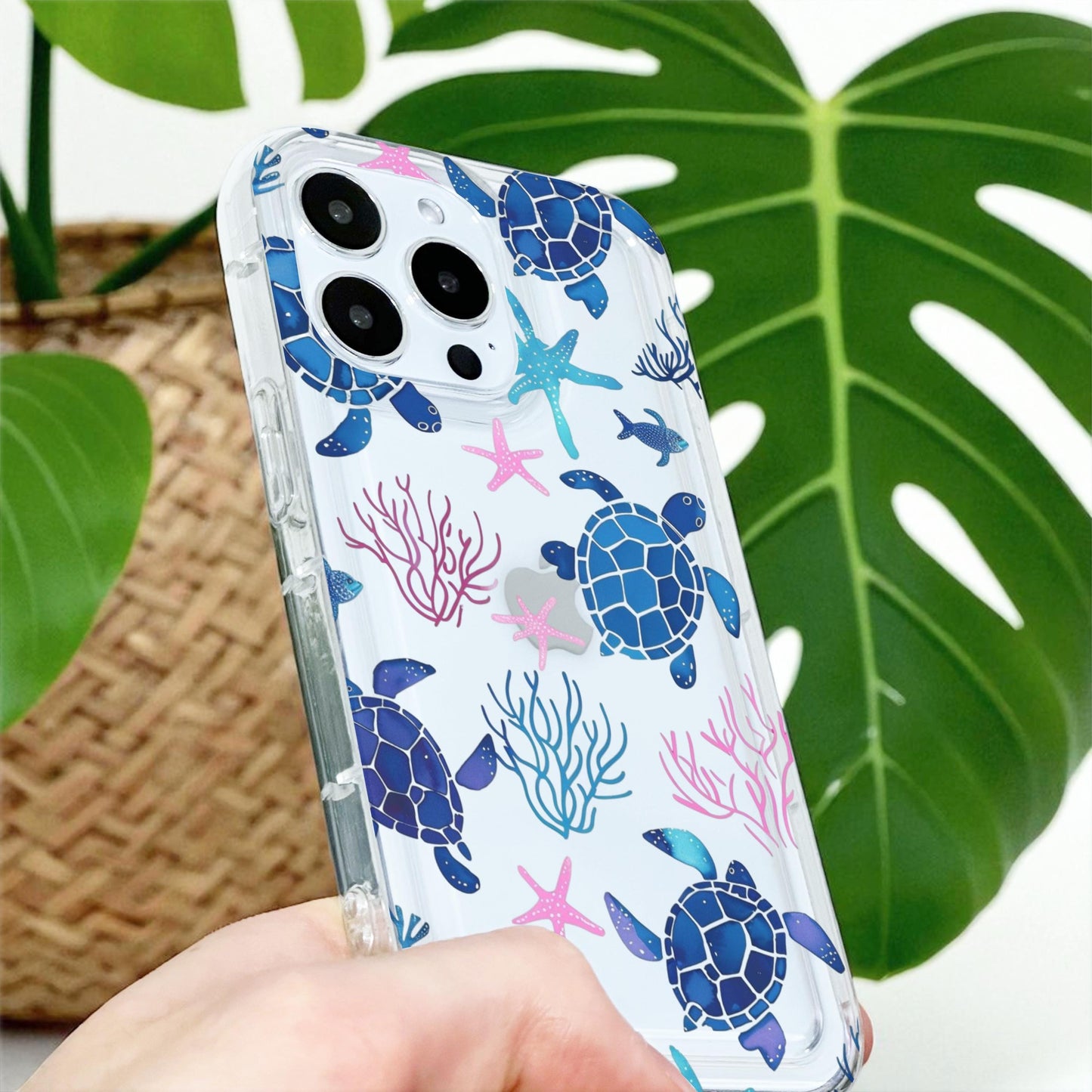 Summer Ocean Turtle Pattern Clear Phone Case for iPhone 17 16 15 14 13 12 11 11 Pro Max Mini 7 8 XR XS X Shockproof Phone Cover Custom Name