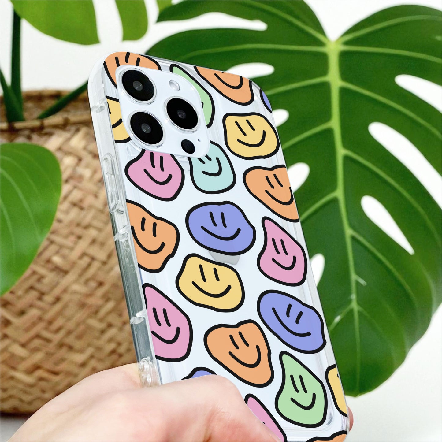 Colorful Happy Face Clear Phone Case for iPhone 17 16 15 14 13 12 11 11 Pro Max Mini 7 8 XR XS X Shockproof Silicone Phone Cover Custom Name