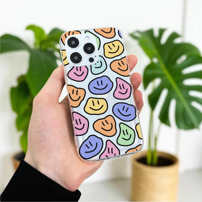 Colorful Happy Face Clear Phone Case for iPhone 17 16 15 14 13 12 11 11 Pro Max Mini 7 8 XR XS X Shockproof Silicone Phone Cover Custom Name