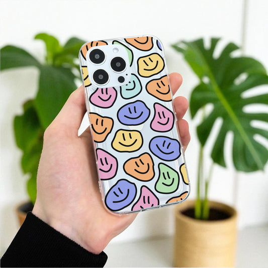 Colorful Happy Face Clear Phone Case for iPhone 17 16 15 14 13 12 11 11 Pro Max Mini 7 8 XR XS X Shockproof Silicone Phone Cover Custom Name