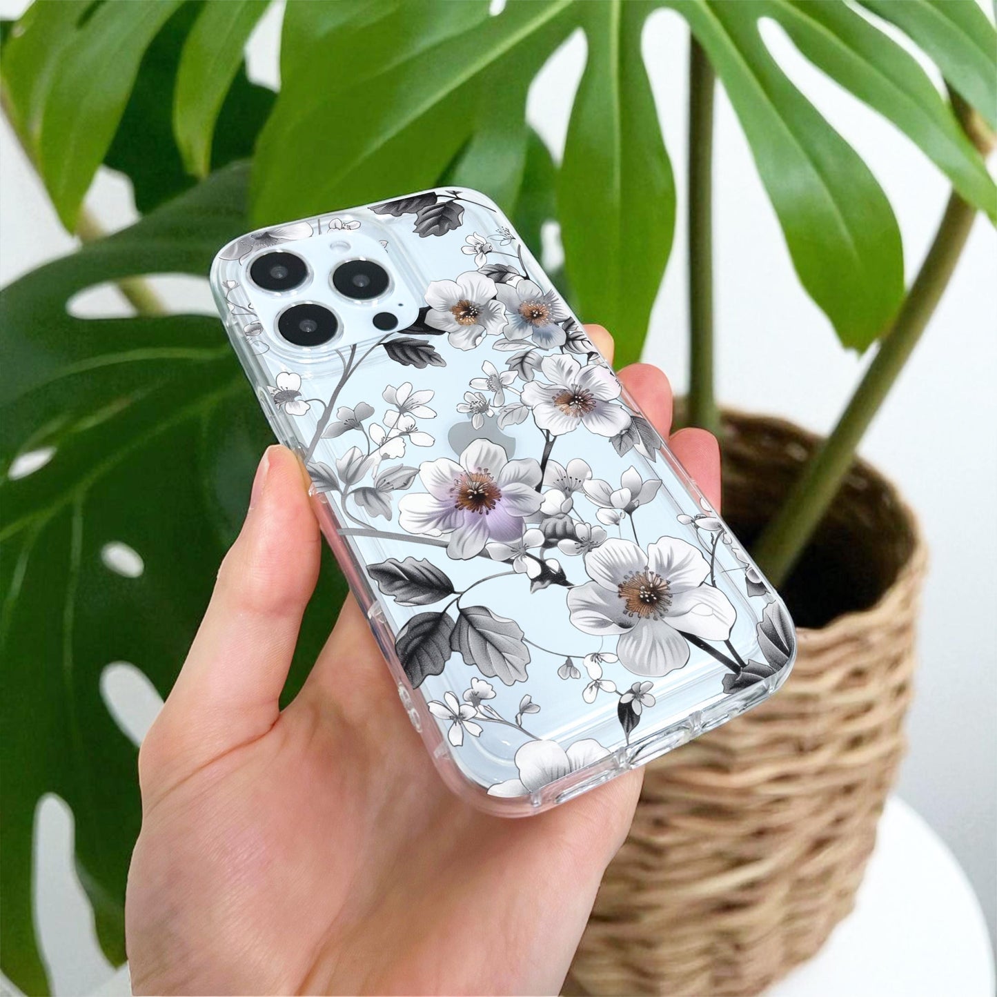 White Flower Print Clear Phone Case for iPhone 17 16 15 14 13 12 11 11 Pro Max Mini 7 8 XR XS X Shockproof Silicone Phone Cover Custom Name