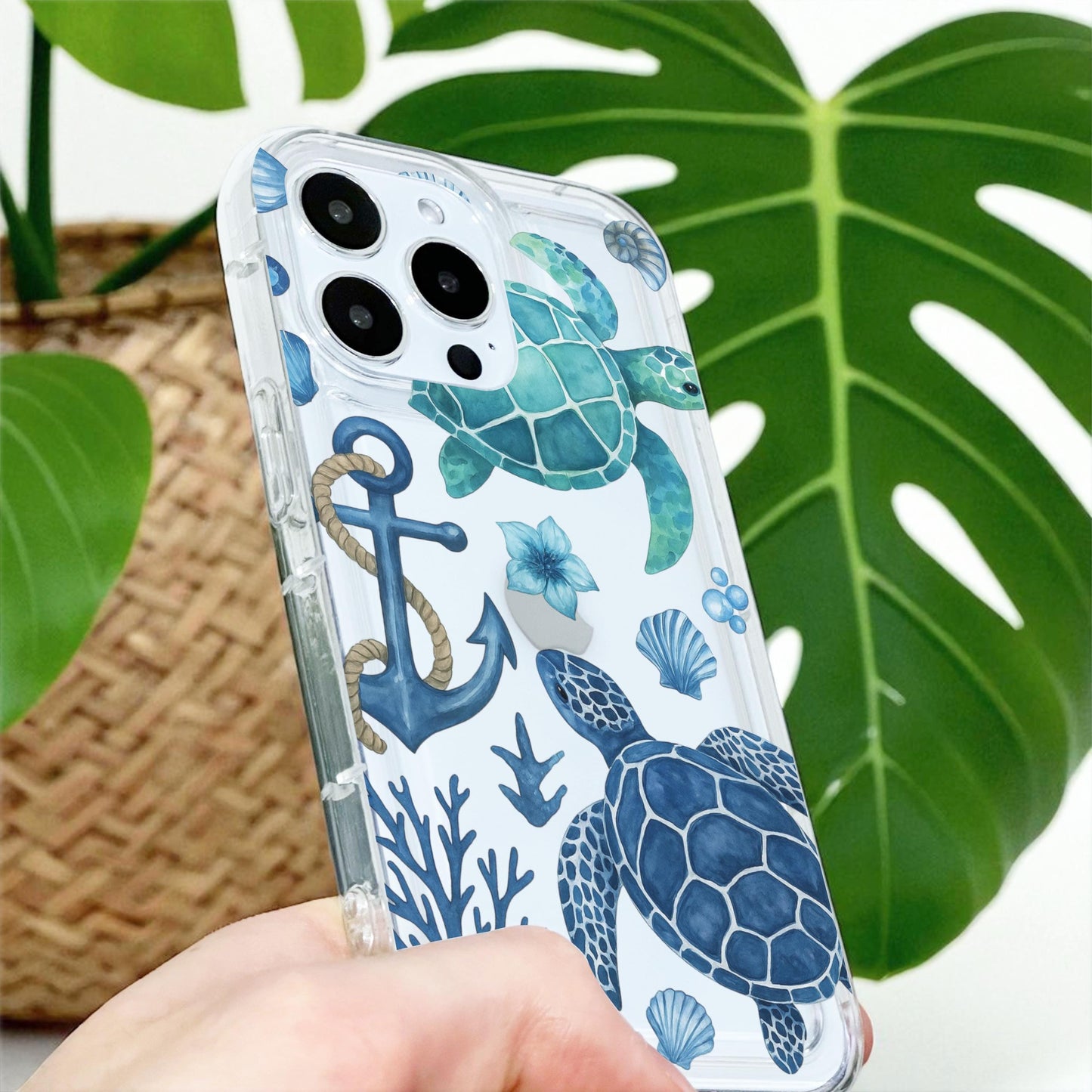 Blue Turtle Pattern Clear Phone Case for iPhone 17 16 15 14 13 12 11 11 Pro Max Mini 7 8 XR XS X Wallet Shockproof Cover