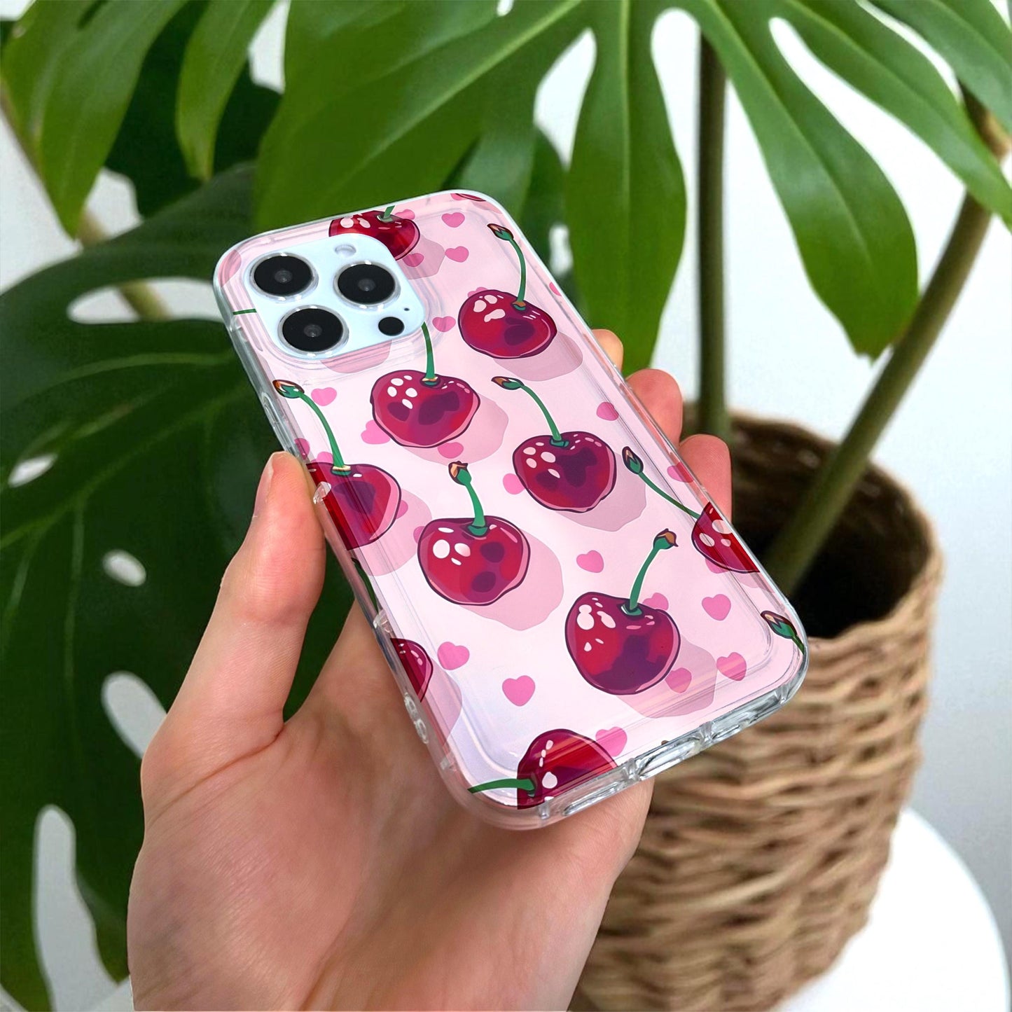 Cherry Pink Heart Phone Case for iPhone 17 16 15 14 13 12 11 11 Pro Max Mini 7 8 XR XS X Shockproof Silicone Phone Cover with Custom Name