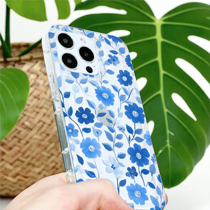 Blue Floral Pattern Clear Phone Case for iPhone 17 16 15 14 13 12 11 11 Pro Max Mini 7 8 XR X Shockproof Slim Phone Cover with Custom Name