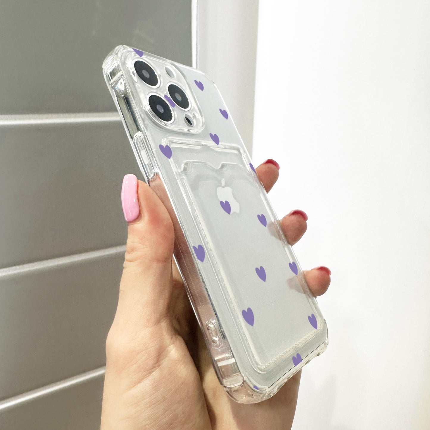 Purple Heart Pattern Card Holder Phone Case for iPhone 17 16 15 14 13 12 11 11 Pro Max Mini 7 8 XR XS X Wallet Shockproof Cover Custom Name