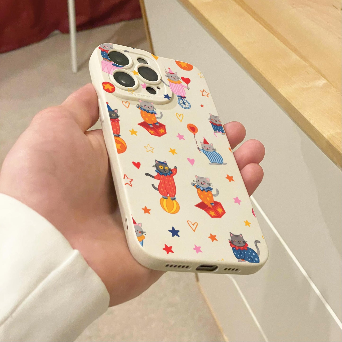 Cute Circus Cat Clown Kitten Beige Phone Case for iPhone 17 16 15 14 13 12 11 11 Pro Max Mini 7 8 XR XS X Shockproof Phone Cover Custom Name