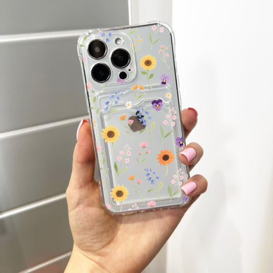 Aesthetic Sunflowers Wild Flower Card Holder Phone Case for iPhone 17 16 15 14 13 12 11 11 Pro Max Mini 7 8 Wallet Shockproof Phone Cover