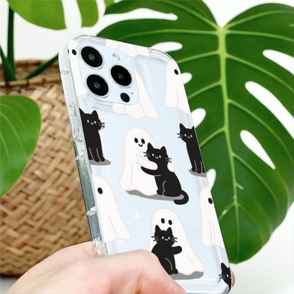 Halloween Ghost Cute Cat Clear Phone Case for iPhone 17 16 15 14 13 12 11 11 Pro Max Mini 7 8 XR X Shockproof Slim Phone Cover Custom Name