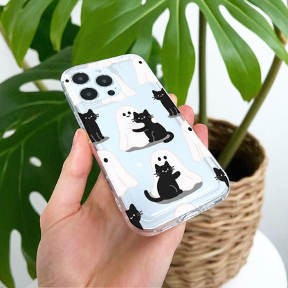 Halloween Ghost Cute Cat Clear Phone Case for iPhone 17 16 15 14 13 12 11 11 Pro Max Mini 7 8 XR X Shockproof Slim Phone Cover Custom Name