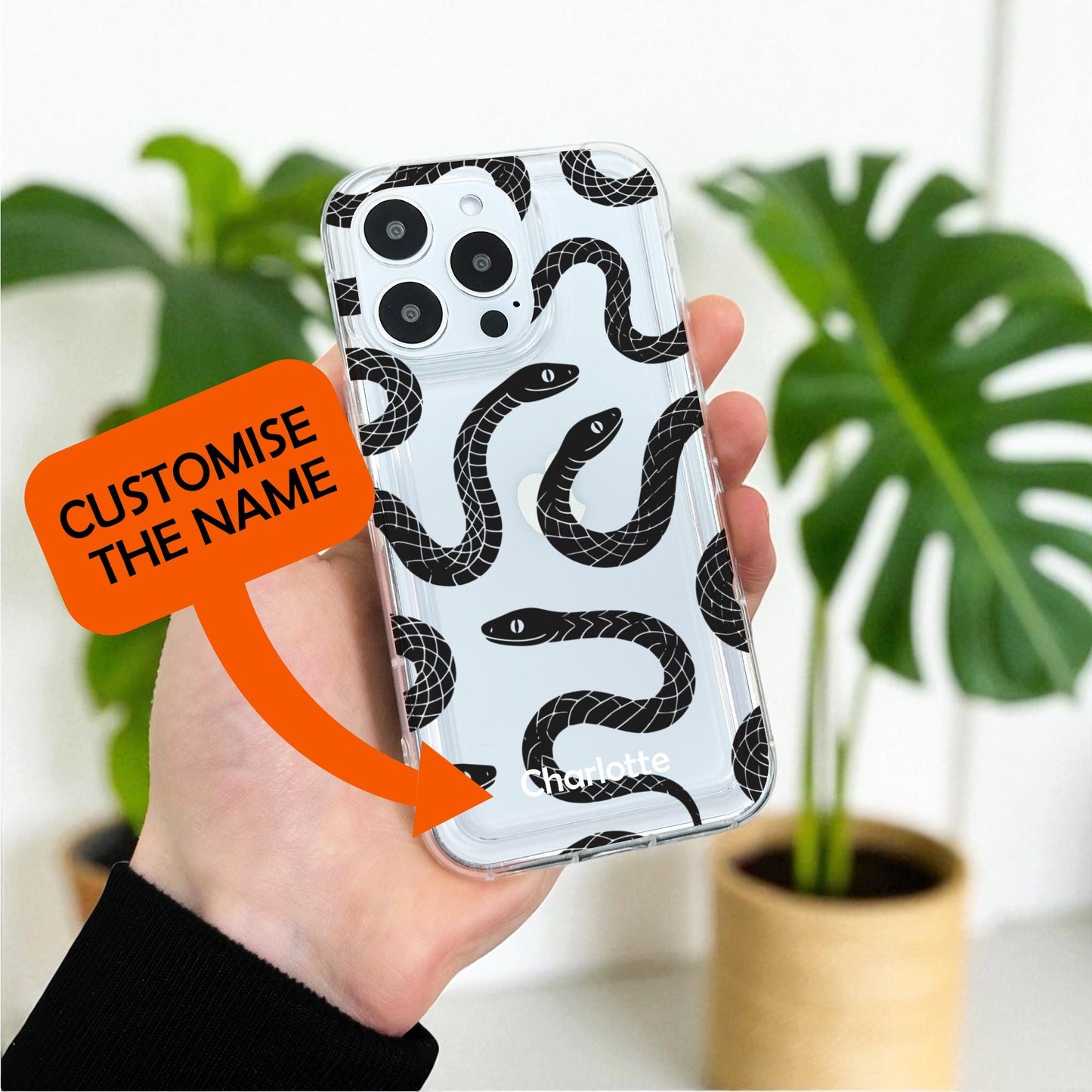 Black Snakes Tattoo Style Clear Phone Case for iPhone 17 16 15 14 13 12 11 11 Pro Max Mini 7 8 XR X Shockproof Slim Phone Cover Custom Name