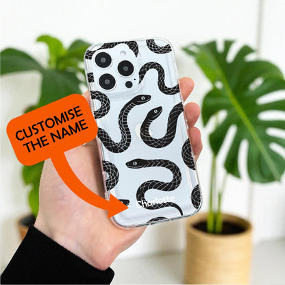 Black Snakes Tattoo Style Clear Phone Case for iPhone 17 16 15 14 13 12 11 11 Pro Max Mini 7 8 XR X Shockproof Slim Phone Cover Custom Name