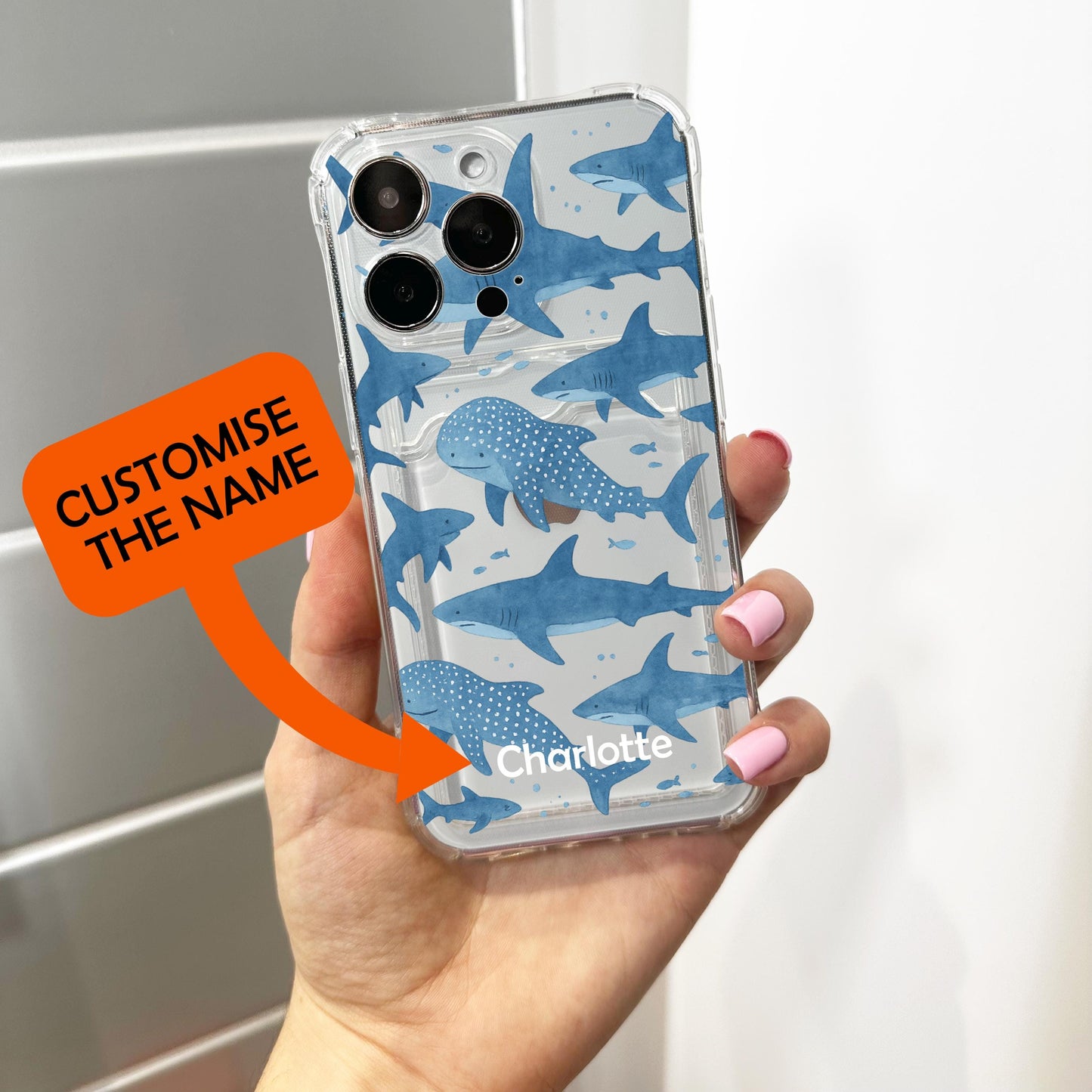 Blue Whale Shark Card Holder Phone Case for iPhone 17 16 15 14 13 12 11 11 Pro Max Mini 7 8 XR X Wallet Shockproof Phone Cover Custom Name