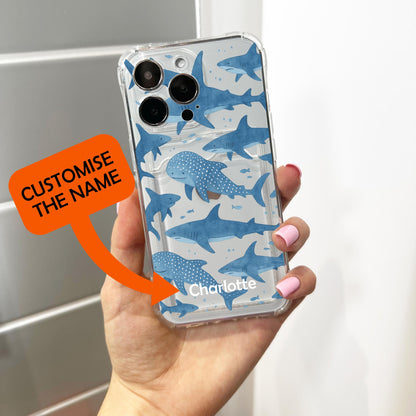 Blue Whale Shark Card Holder Phone Case for iPhone 17 16 15 14 13 12 11 11 Pro Max Mini 7 8 XR X Wallet Shockproof Phone Cover Custom Name