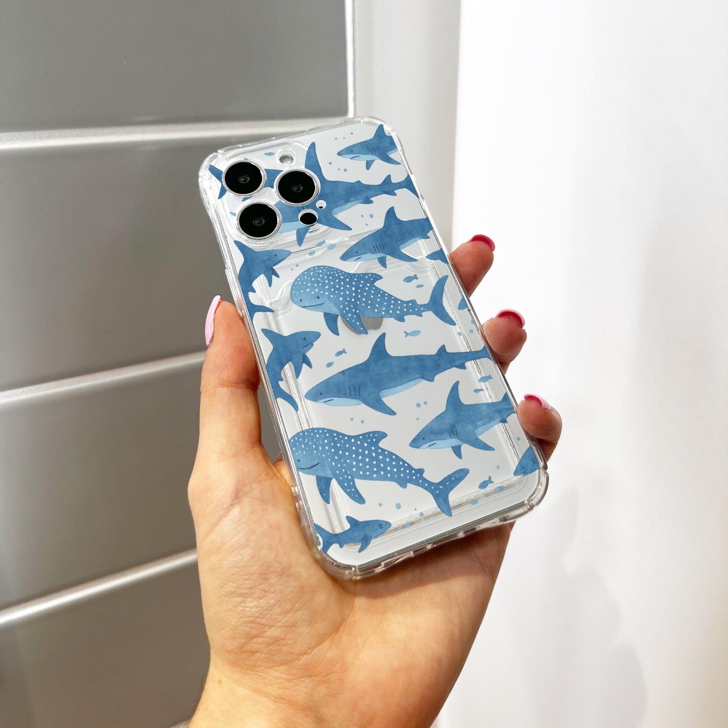 Blue Whale Shark Card Holder Phone Case for iPhone 17 16 15 14 13 12 11 11 Pro Max Mini 7 8 XR X Wallet Shockproof Phone Cover Custom Name
