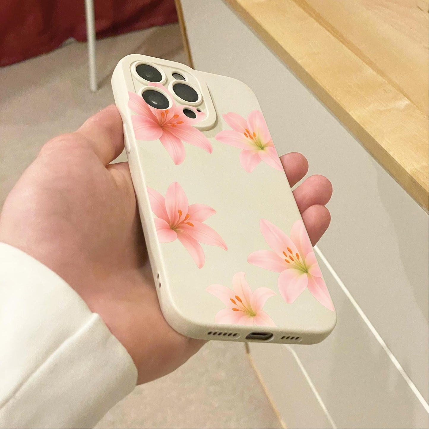 Pink Hibiscus Flower Beige Phone Case for iPhone 17 16 15 14 13 12 11 11 Pro Max Mini 7 8 XR XS X Shockproof Phone Cover with Custom Name