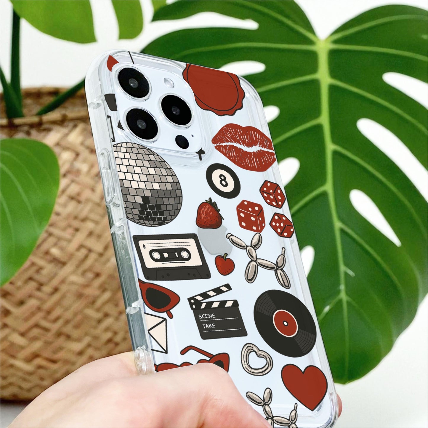 Retro Red Black Aesthetic Disco Ball Dice Clear Phone Case for iPhone 17 16 15 14 13 12 11 11 Pro Max Mini 7 8 XR X Wallet Shockproof Cover