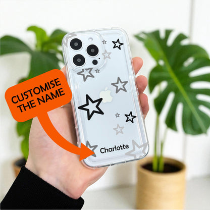 Grey Black Silver Star Clear Phone Case for iPhone 17 16 15 14 13 12 11 11 Pro Max Mini 7 8 XR XS X Shockproof Phone Cover Personalised Name