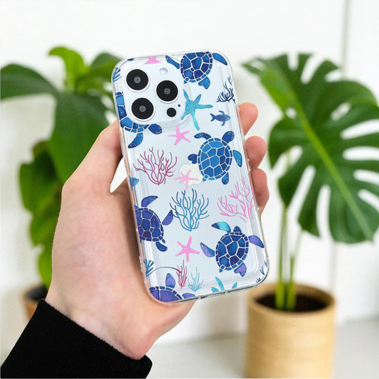 Summer Ocean Turtle Pattern Clear Phone Case for iPhone 17 16 15 14 13 12 11 11 Pro Max Mini 7 8 XR XS X Shockproof Phone Cover Custom Name