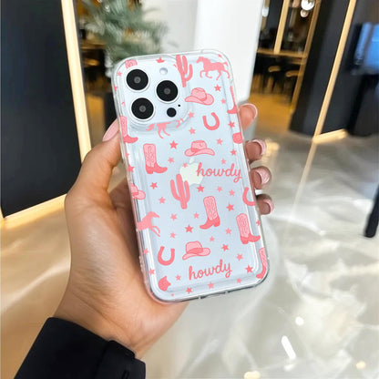 Howdy Western Cowgirl Hat Boot Cactus Clear Phone Case for iPhone 17 16 15 14 13 12 11 11 Pro Max Mini 7 8 XR X XR Wallet Shockproof Cover