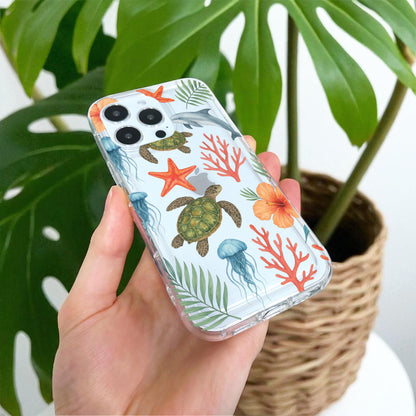 Sea Life Turtle Dolphin Starfish Floral Clear Phone Case for iPhone 17 16 15 14 13 12 11 11 Pro Max Mini 7 8 XR X XR Wallet Shockproof Cover
