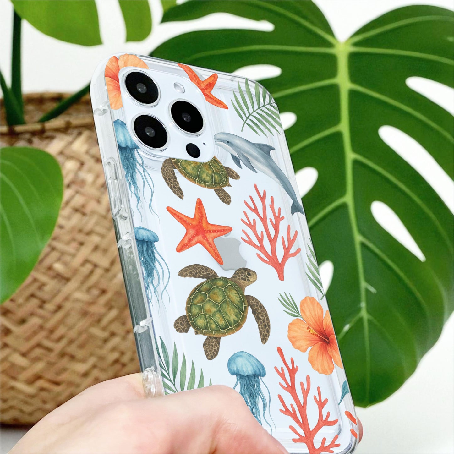 Sea Life Turtle Dolphin Starfish Floral Clear Phone Case for iPhone 17 16 15 14 13 12 11 11 Pro Max Mini 7 8 XR X XR Wallet Shockproof Cover