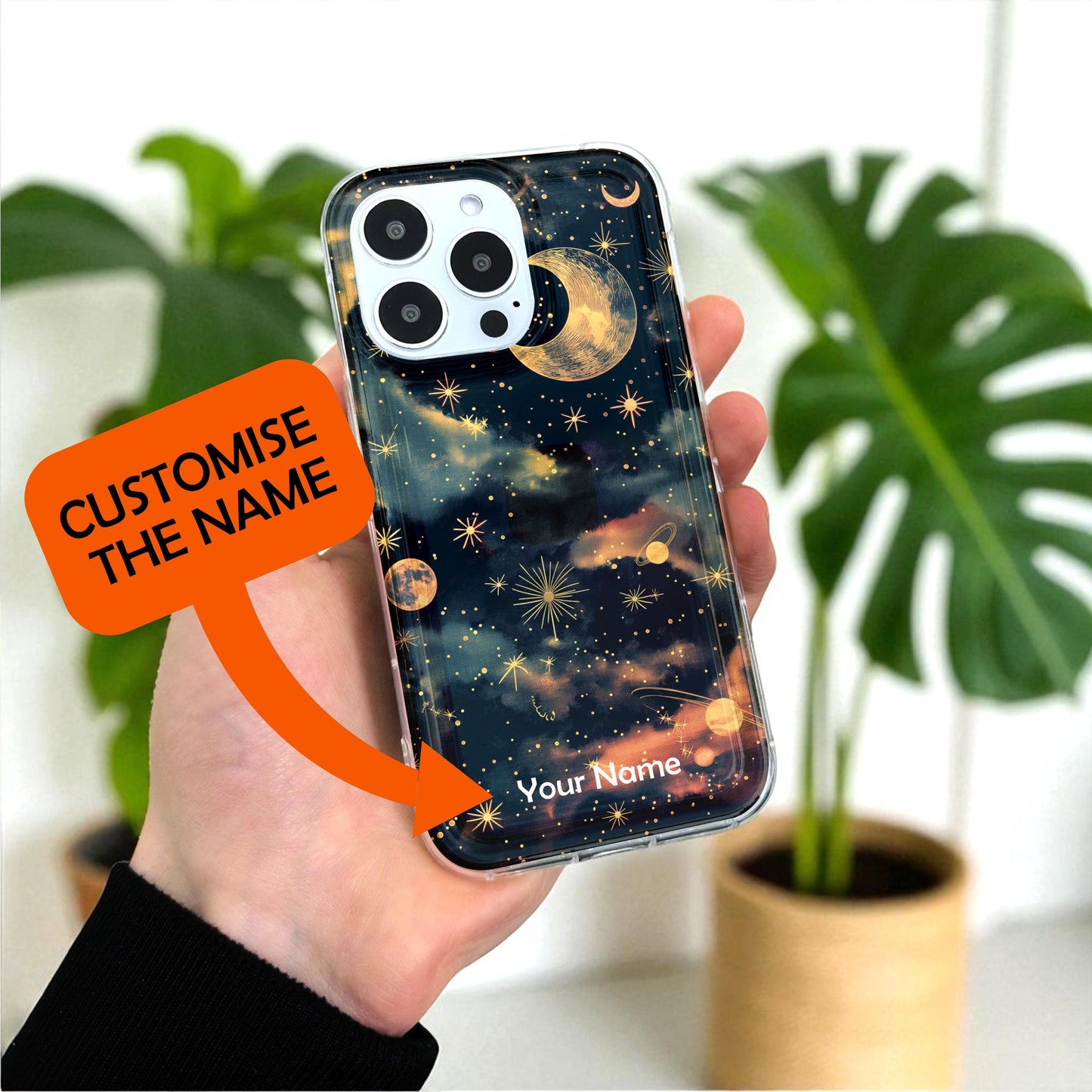 Celestial Moon Star Phone Case for iPhone 17 16 15 14 13 12 11 11 Pro Max Mini 7 8 XR XS X Shockproof Silicone Phone Cover with Custom Name