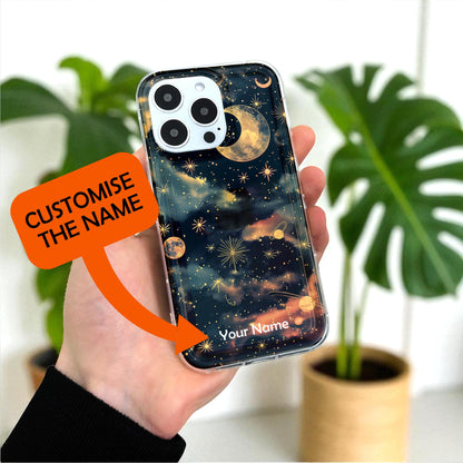 Celestial Moon Star Phone Case for iPhone 17 16 15 14 13 12 11 11 Pro Max Mini 7 8 XR XS X Shockproof Silicone Phone Cover with Custom Name