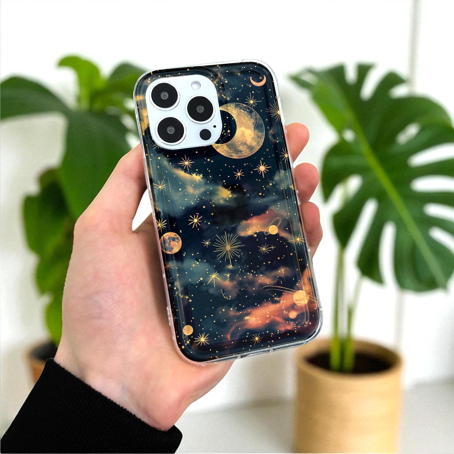 Celestial Moon Star Phone Case for iPhone 17 16 15 14 13 12 11 11 Pro Max Mini 7 8 XR XS X Shockproof Silicone Phone Cover with Custom Name