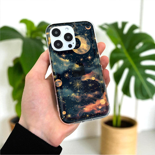 Celestial Moon Star Phone Case for iPhone 17 16 15 14 13 12 11 11 Pro Max Mini 7 8 XR XS X Shockproof Silicone Phone Cover with Custom Name