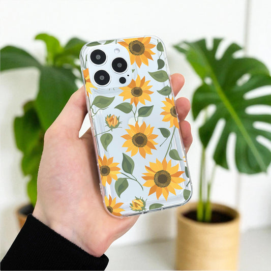 Sunflower Pattern Floral Clear Phone Case for iPhone 17 16 15 14 13 12 11 11 Pro Max Mini 7 8 XR XS X Shockproof Phone Cover Custom Name