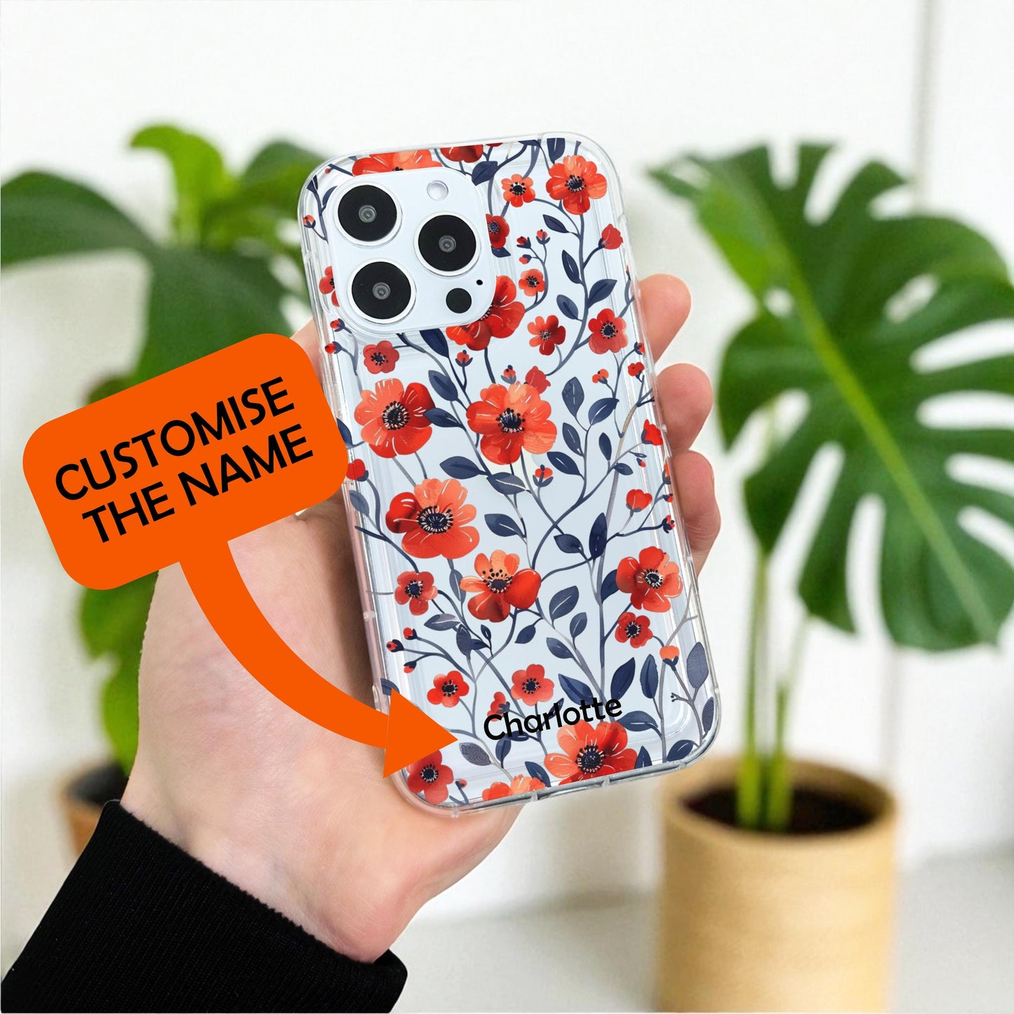 Floral Poppy Pattern Clear Phone Case for iPhone 17 16 15 14 13 12 11 11 Pro Max Mini 7 XR XS X Shockproof Silicone Phone Cover Custom Name