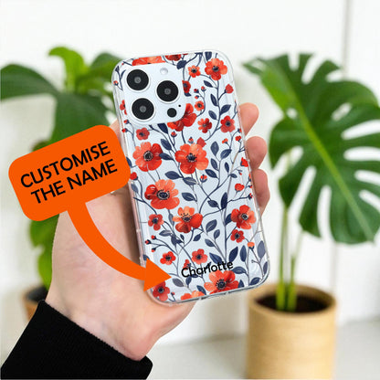 Floral Poppy Pattern Clear Phone Case for iPhone 17 16 15 14 13 12 11 11 Pro Max Mini 7 XR XS X Shockproof Silicone Phone Cover Custom Name