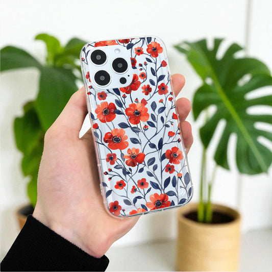Floral Poppy Pattern Clear Phone Case for iPhone 17 16 15 14 13 12 11 11 Pro Max Mini 7 XR XS X Shockproof Silicone Phone Cover Custom Name