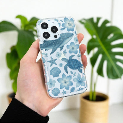 Blue Sea Life Turtle Pattern Clear Phone Case for iPhone 17 16 15 14 13 12 11 11 Pro Max Mini 7 8 XR XS X Wallet Shockproof Cover