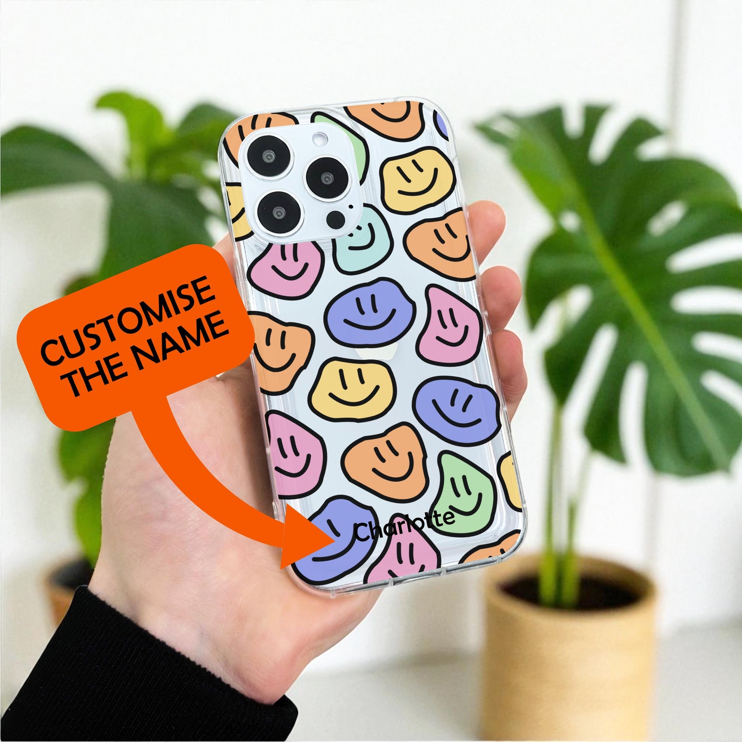 Colorful Happy Face Clear Phone Case for iPhone 17 16 15 14 13 12 11 11 Pro Max Mini 7 8 XR XS X Shockproof Silicone Phone Cover Custom Name