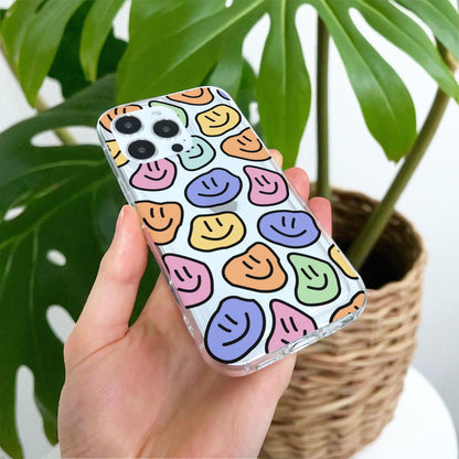 Colorful Happy Face Clear Phone Case for iPhone 17 16 15 14 13 12 11 11 Pro Max Mini 7 8 XR XS X Shockproof Silicone Phone Cover Custom Name