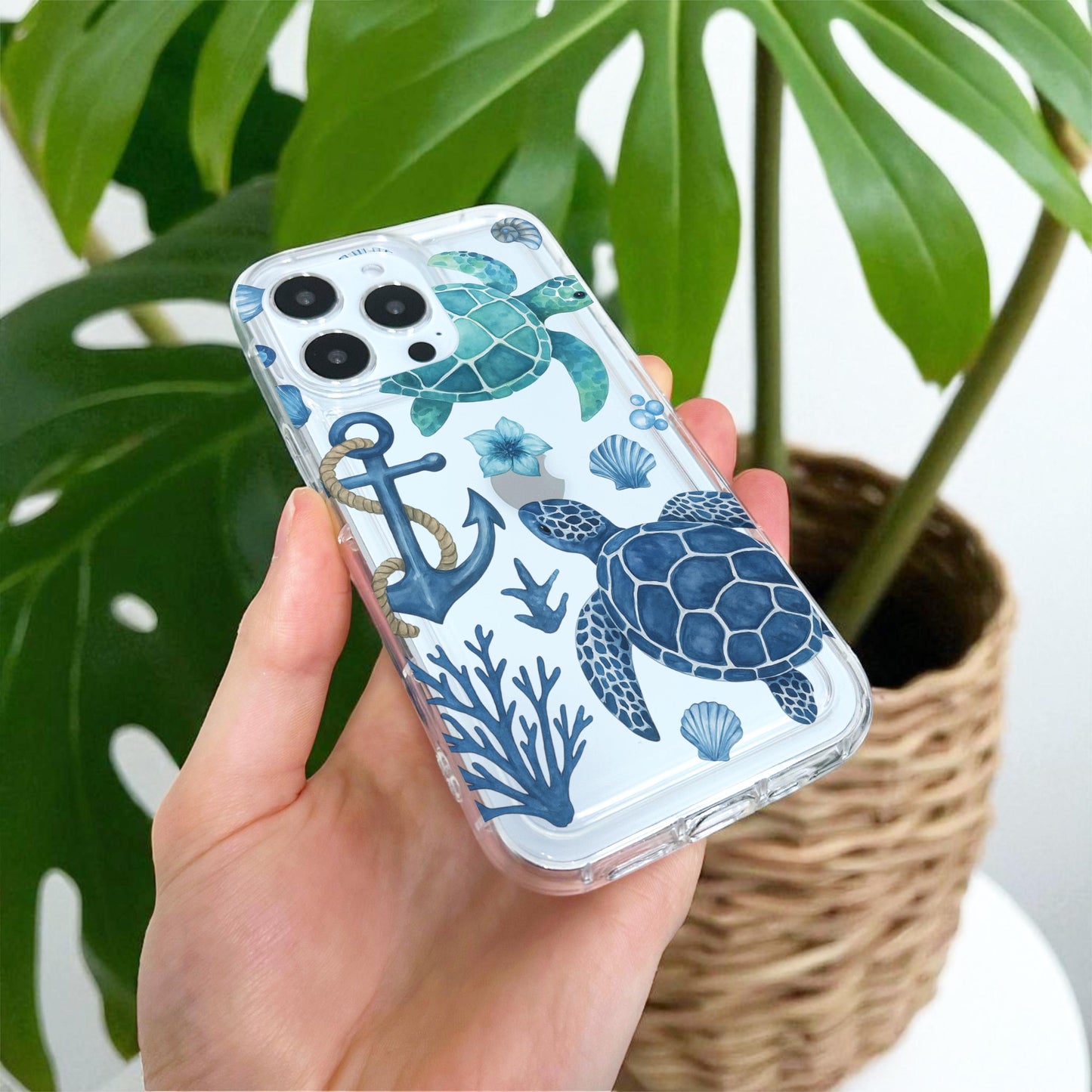 Blue Turtle Pattern Clear Phone Case for iPhone 17 16 15 14 13 12 11 11 Pro Max Mini 7 8 XR XS X Wallet Shockproof Cover