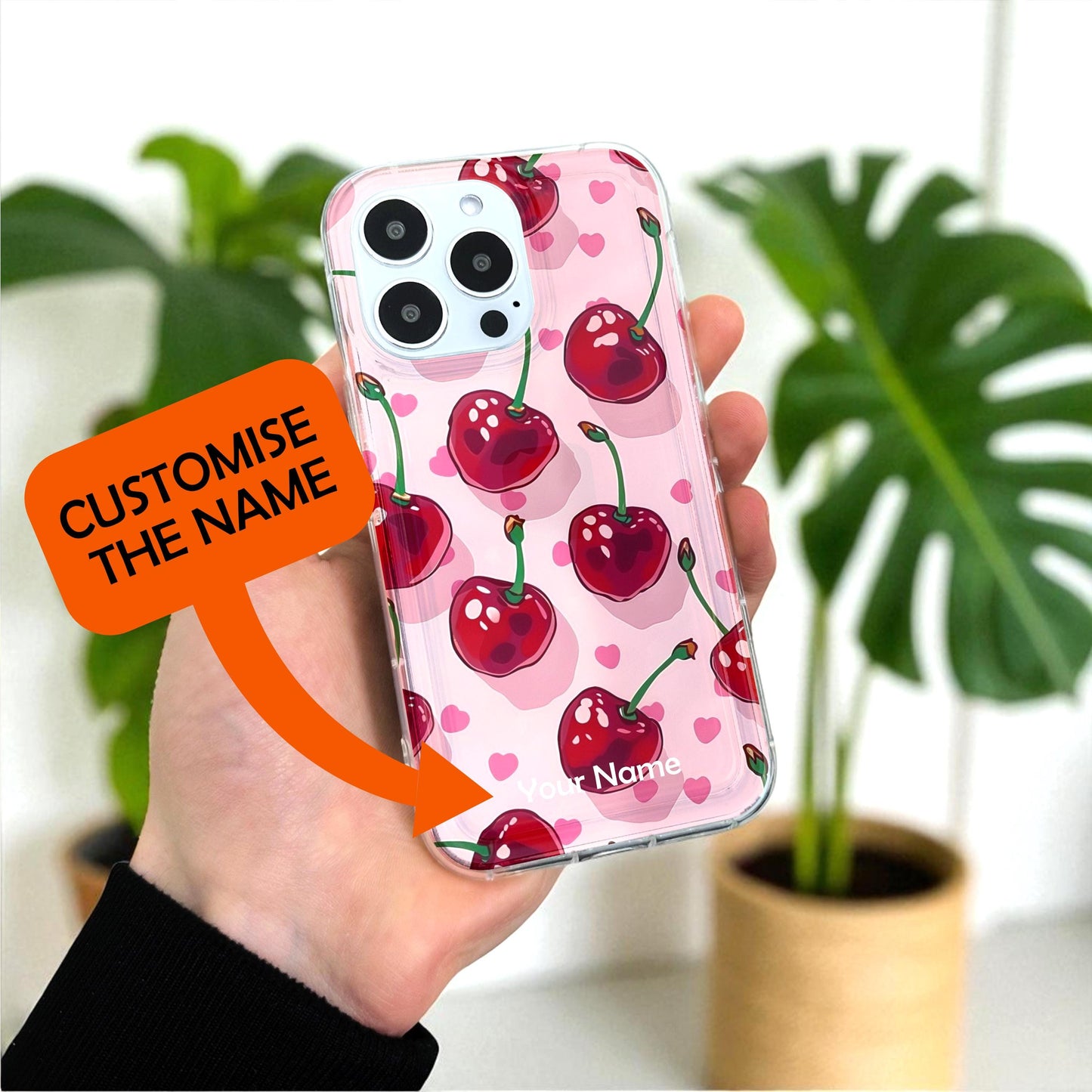 Cherry Pink Heart Phone Case for iPhone 17 16 15 14 13 12 11 11 Pro Max Mini 7 8 XR XS X Shockproof Silicone Phone Cover with Custom Name