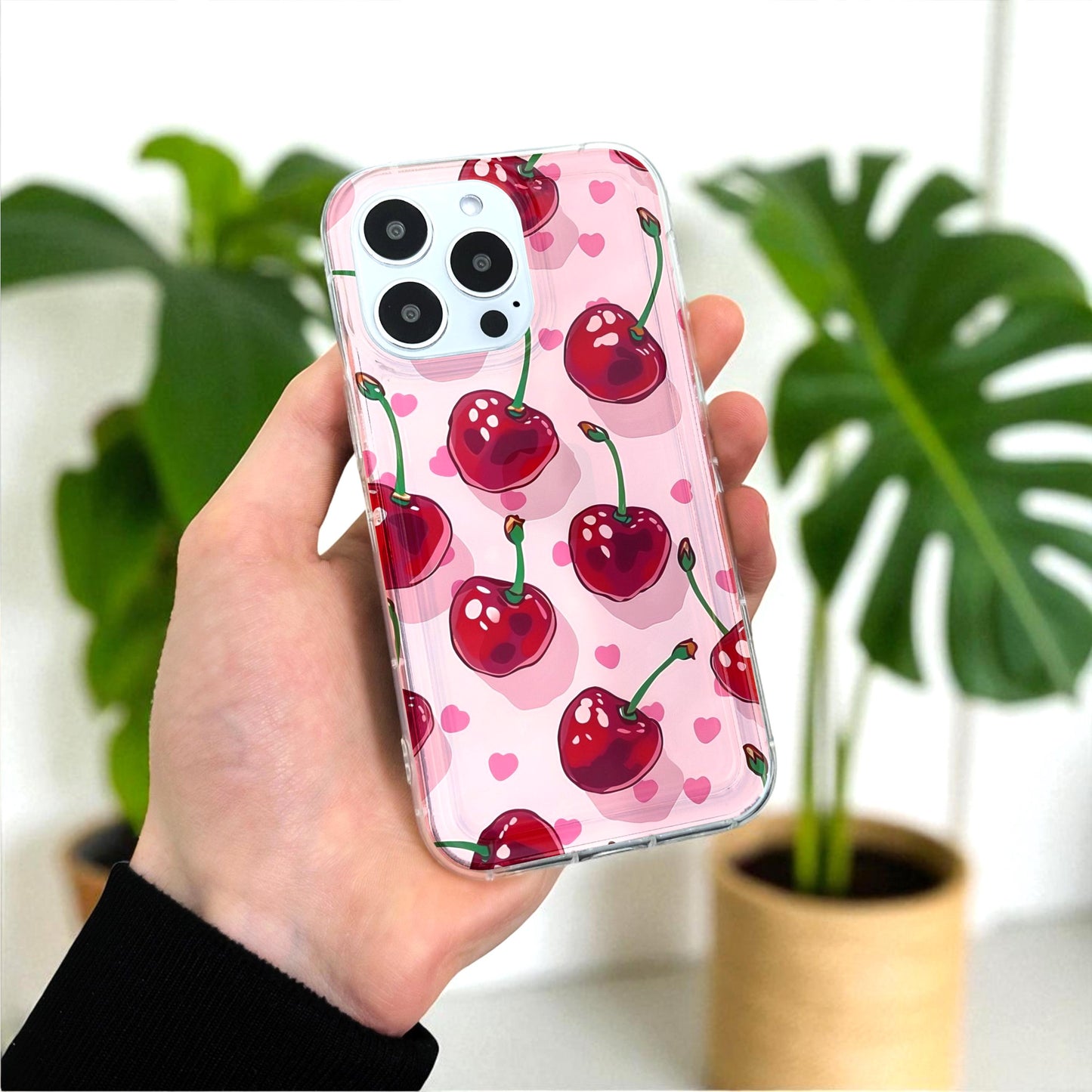 Cherry Pink Heart Phone Case for iPhone 17 16 15 14 13 12 11 11 Pro Max Mini 7 8 XR XS X Shockproof Silicone Phone Cover with Custom Name