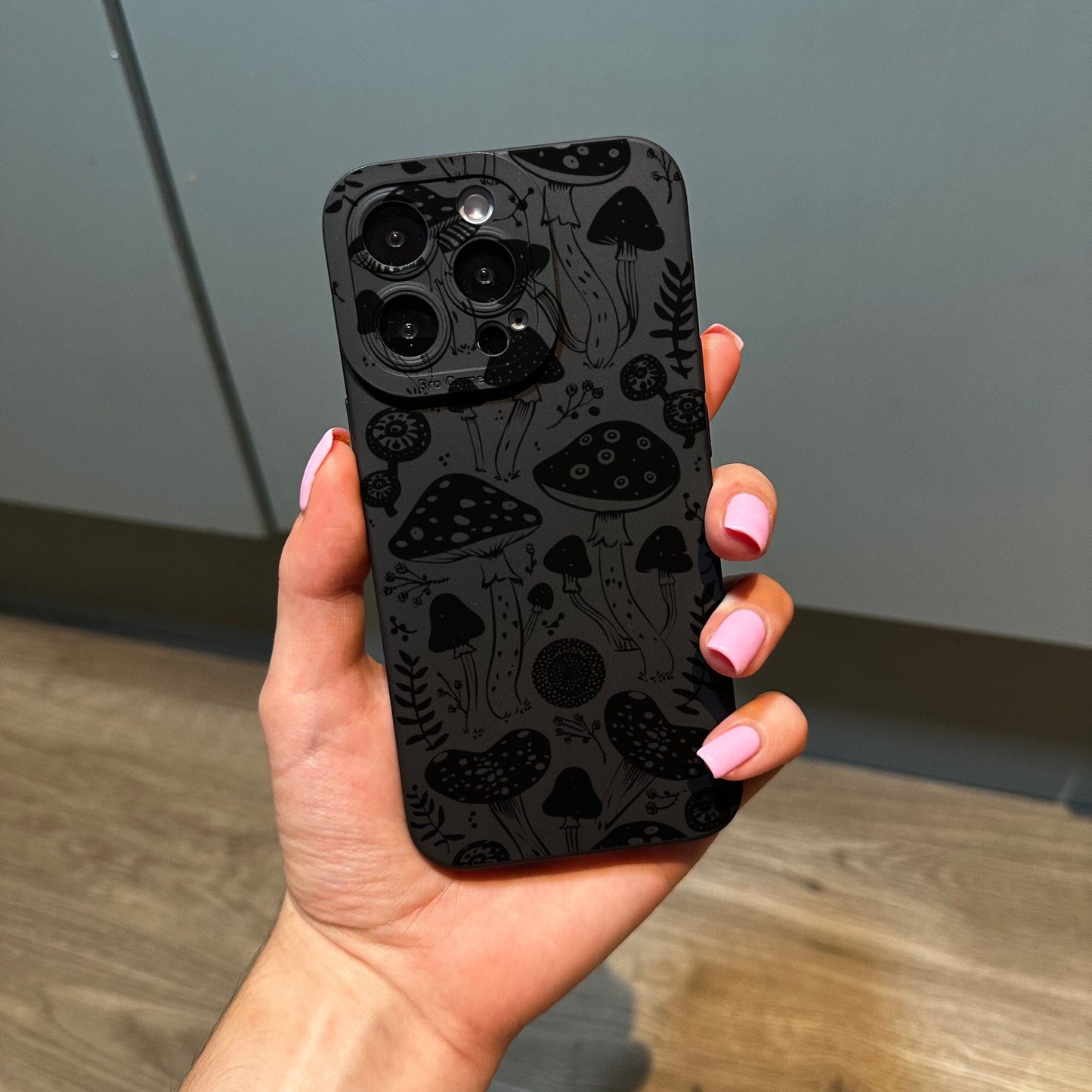 Black Mushroom Doodle Print Phone Case for iPhone 17 16 15 14 13 12 11 11 Pro Max Mini 7 8 XR XS X Shockproof Phone Cover Customised Name